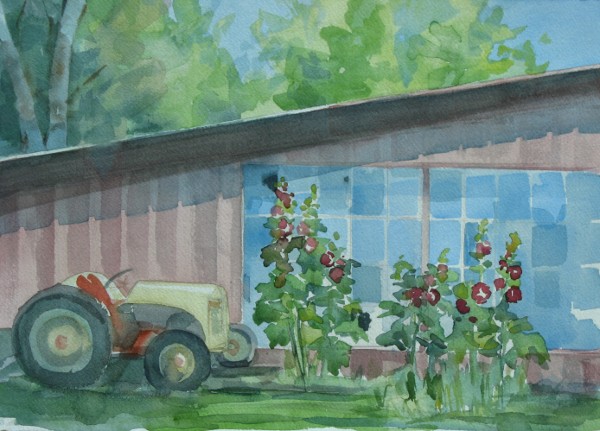 Hollyhocks and Tractor